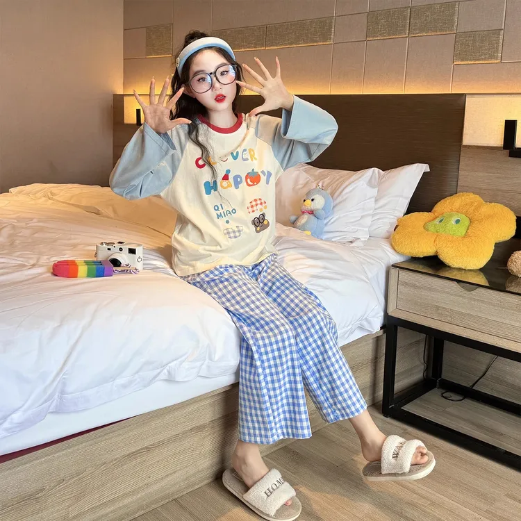 春秋儿童印花睡衣2025新款初中生洋气爆款家居服套装女童长袖纯棉