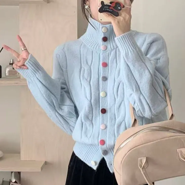 韩系麻花纹纯欲风针织开衫女休闲风减龄外套高领彩扣毛衣上衣880