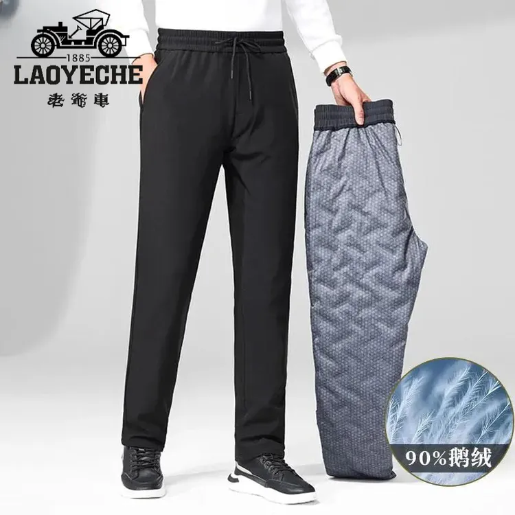老爷车高端爸爸羽绒裤男士新款松紧加厚保暖鹅绒休闲中老年人长裤