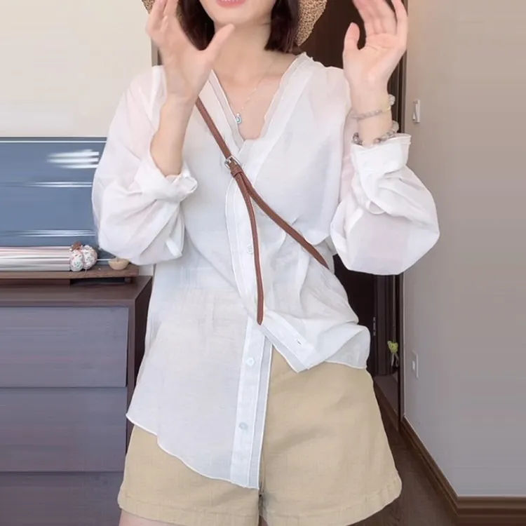 韩系双层花边V领微透防晒宽松衬衫女夏季新款百搭减龄休闲上衣潮