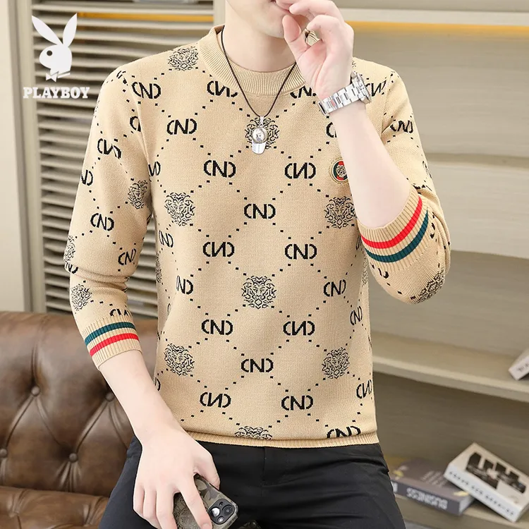 花花公子男士打底衫毛衣长袖潮流圆领秋冬针织衫时尚休闲百搭卫衣