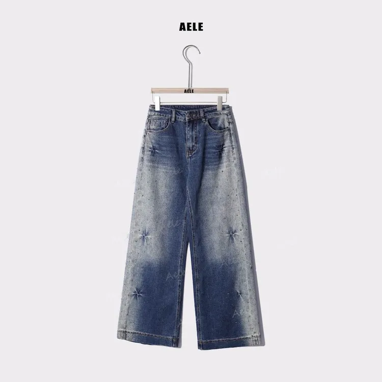 AELE【雪闪】亮片烫钻高腰水洗直筒牛仔裤复古直筒裤 K853 2611 AD