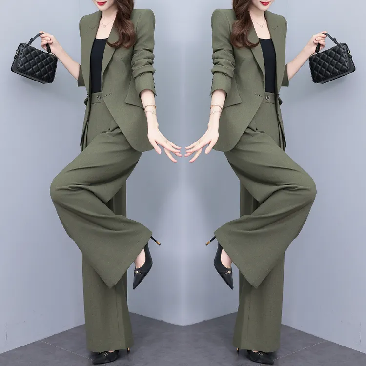 绿色高端轻奢西装三件套女2025秋季新款高腰阔腿裤气质时尚两件套