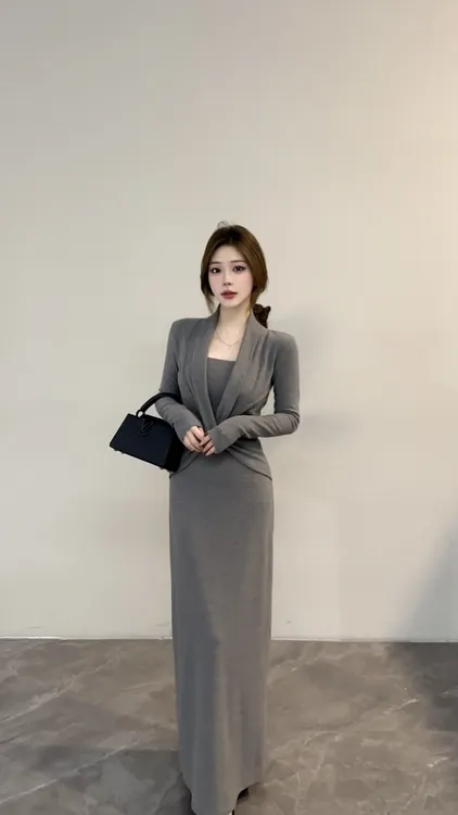 【宥妍】 秋冬新款扭结设计V领两件修身显瘦连衣裙直筒裙DT1732