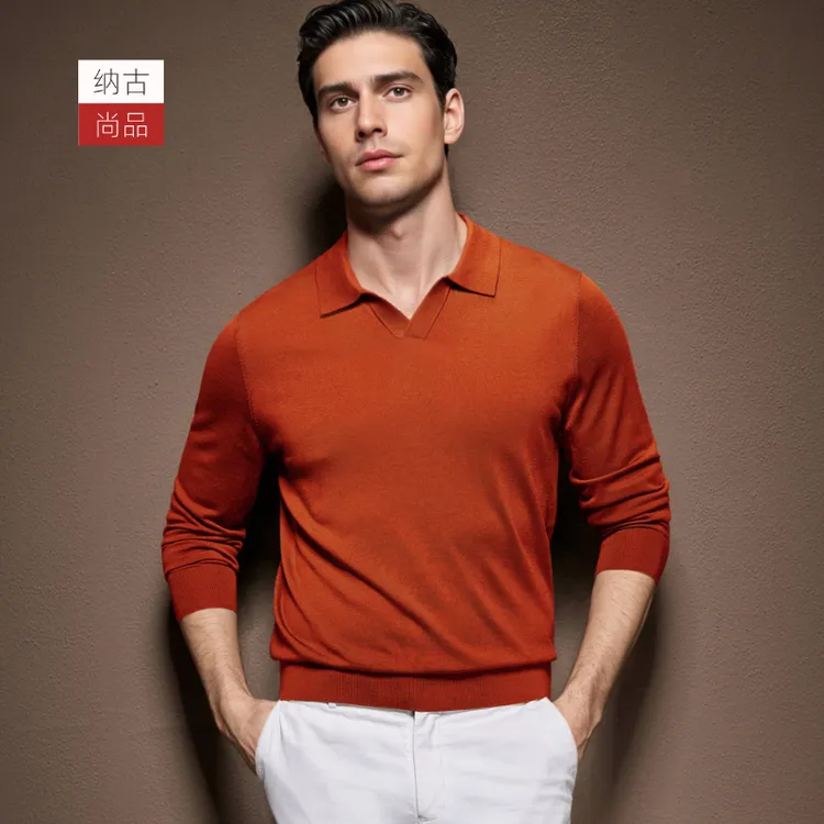 【100支纯羊毛衫】boss同款轻薄保暖意式小V领Polo领长袖100%羊毛衫