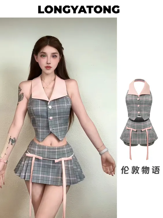 龙怼怼推荐【伦敦物语】新款法式时尚套装性感风辣妹风短裙高腰格纹