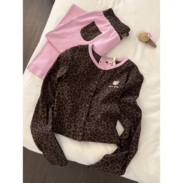 甜美豹纹可爱kitty睡衣女春秋新款休闲长袖长裤家居服套装可外穿