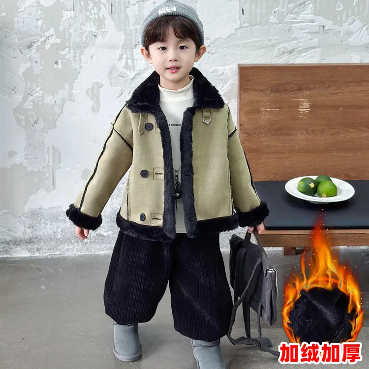 男童秋冬加绒外套2025新款时髦儿童皮毛一体冬季男孩加厚呢子上衣