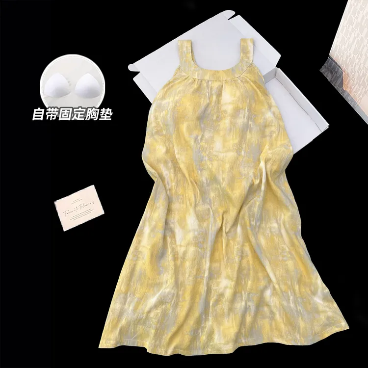 睡衣女夏季新款吊带休闲睡裙带胸垫云朵棉睡衣学生中长款可外穿