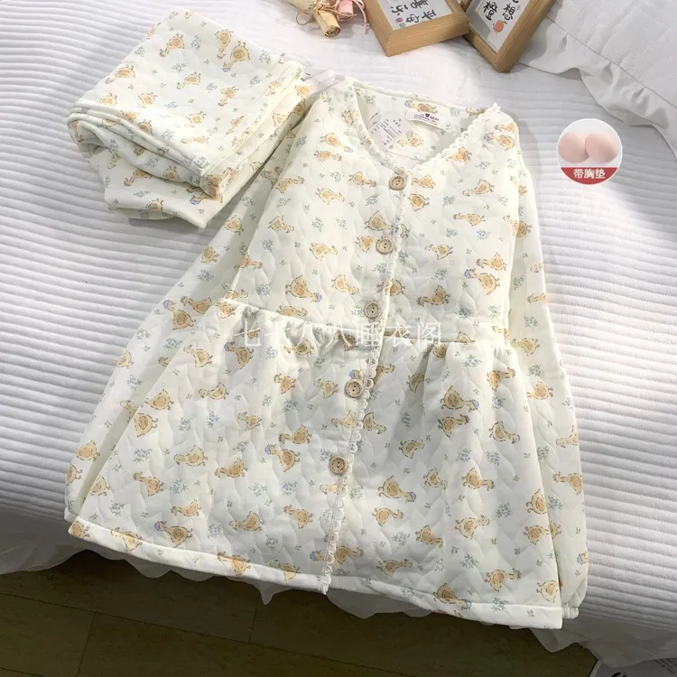 月子服11-12月产妇秋冬季纯棉夹层空气棉带胸垫大码保暖孕妇睡衣