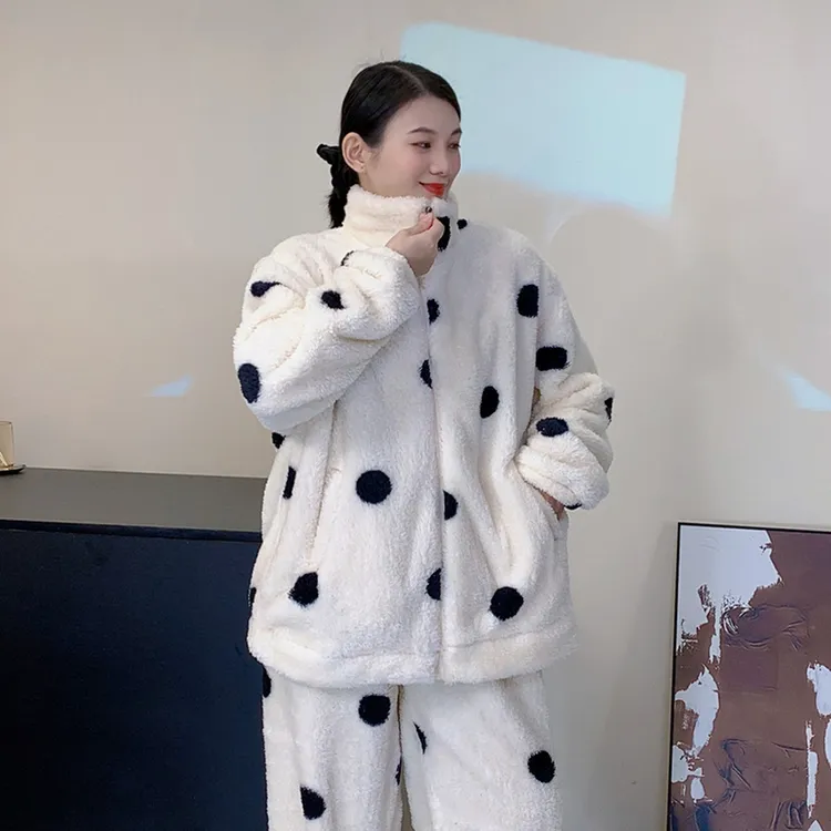 SIPIN/司品冬季半边绒拉链款条纹加厚保暖大码睡衣女 宽松家居服