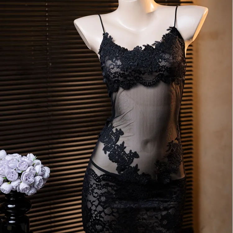 【黑白天使】显瘦腰线鲨手蕾丝吊带睡裙 纯欲法式睡衣