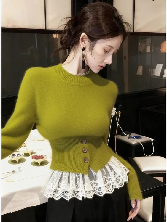 法式软糯慵懒减龄拼接针织衫2025秋冬新款高级感气质独特别致毛衣