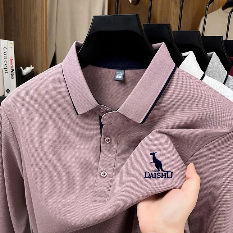 Dai Shu/袋鼠秋季高端刺绣翻领长袖POLO衫男商务休闲长绒棉T恤男
