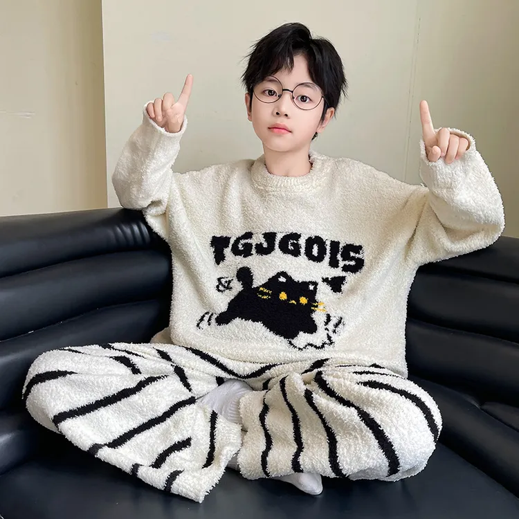 男童卡通睡衣套装秋冬款可外穿中大童加厚条纹小猫半边绒家居服