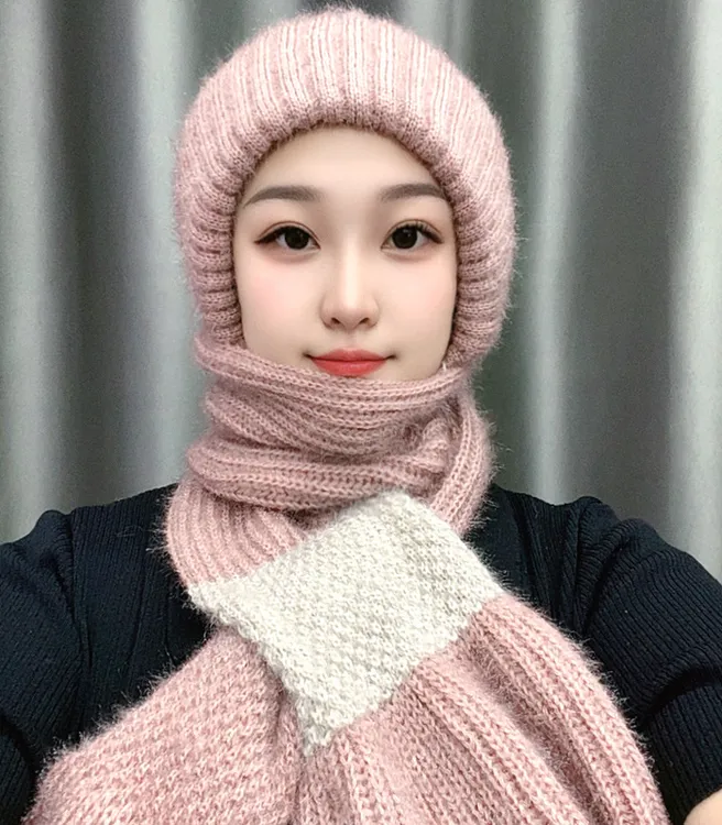 新款加绒加厚风雪帽拼色款双插口冬季围巾一体帽松鼠绒保暖连体帽