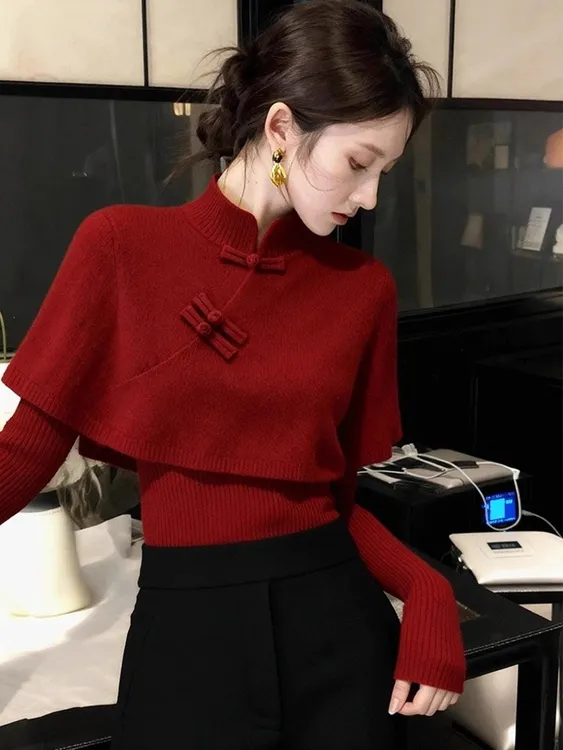 新中式红色立领斗篷盘扣两件套毛衣女秋冬新款修身显瘦单穿上衣潮