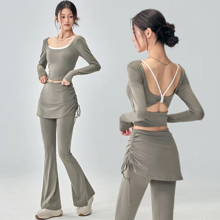 蝴蝶结美背瑜伽服女新款裸感防震撞色运动上衣跑步训练健身服长袖