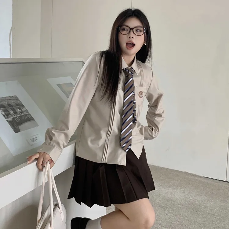 【拍2发6】阿车家大码jk原创奶茶色刺绣衬衫西服日系学院风jk衬衫