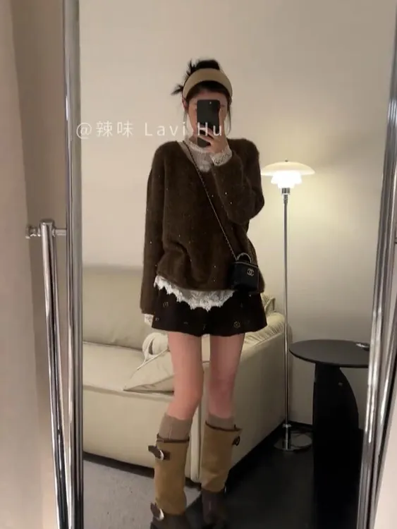 秋冬穿搭一整套韩系松弛感蕾丝打底衫针织毛衣百搭半身裙三件套装