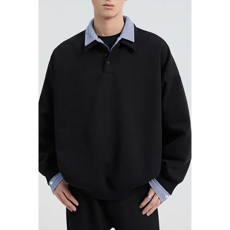 男士拼接假两件衬衫领卫衣2025春季新款韩版休闲宽松套头上衣6662