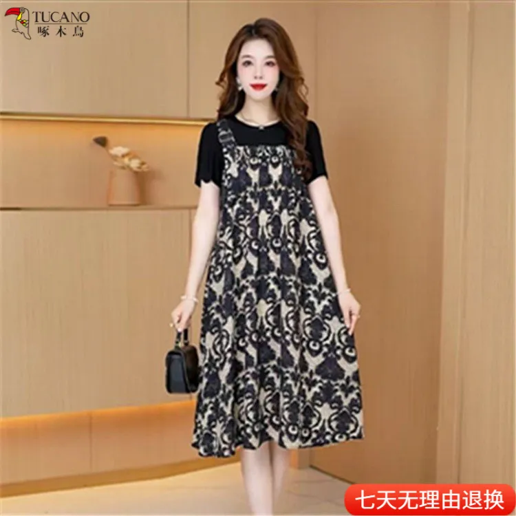 高档时尚韩版连衣裙2024夏季新款妈妈装洋气宽松减龄大码薄款裙子