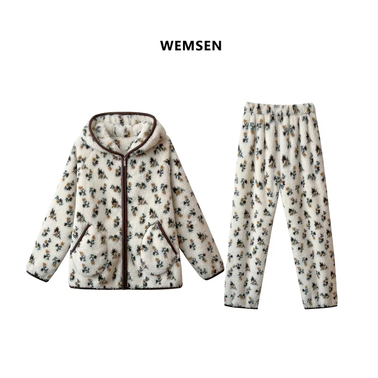 秋冬季新款女士双面珊瑚绒加厚睡衣碎花宽松慵懒毛绒绒家居服套装