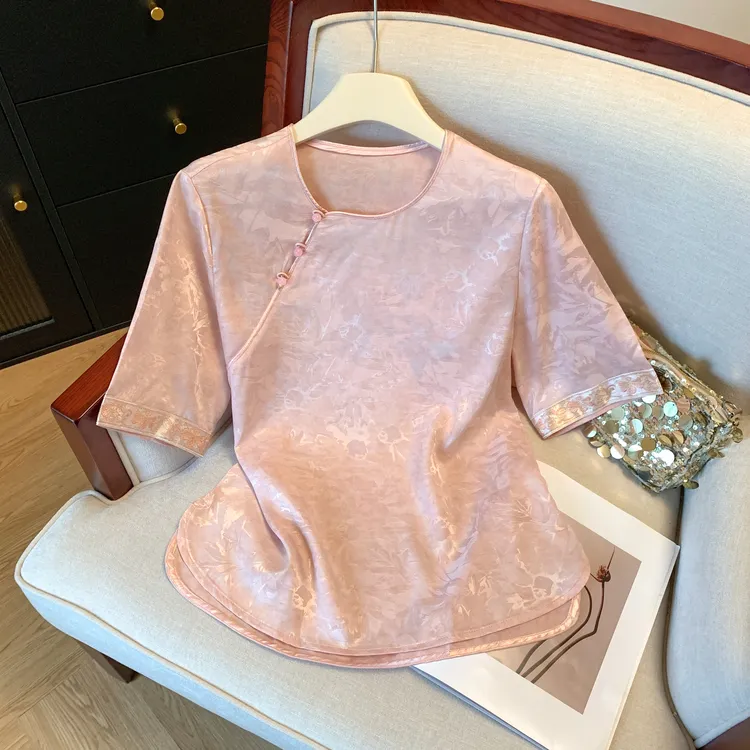 新中式复古提花斜襟圆领短袖衬衫女夏季轻奢小众优雅气质国风小衫