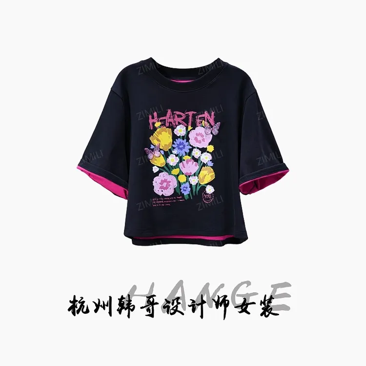 【韩哥女装】2025欧版暗夜黑花朵印花休闲高克重气质短袖8572-C7