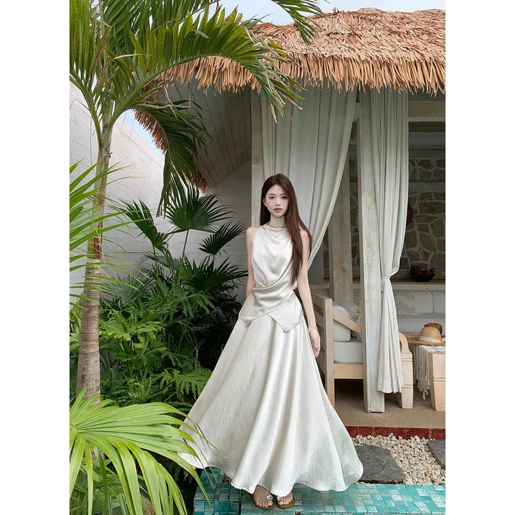 气质设计感不规则系带感缎面上衣高腰A字显瘦半裙时尚两件套女夏