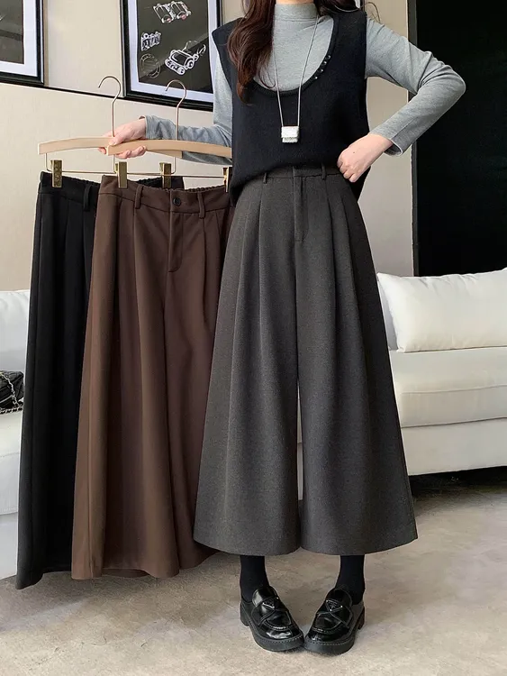 【wy】2025秋冬新款毛呢阔腿裤高级感加厚九分裤3811