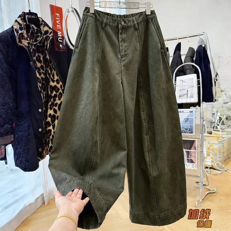 韩系慵懒风宽松工装休闲裤女冬季加绒加厚松紧腰弯刀裤巨好看裤子