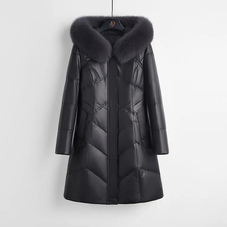 法歌弟FH8331海宁高定真皮鹅绒服外套狐狸毛连帽羊皮皮衣女妈妈装