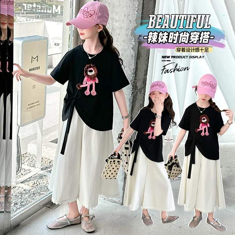 女童爆款套装夏季新品中大童短袖t恤阔腿裙裤两件套女孩网红洋气