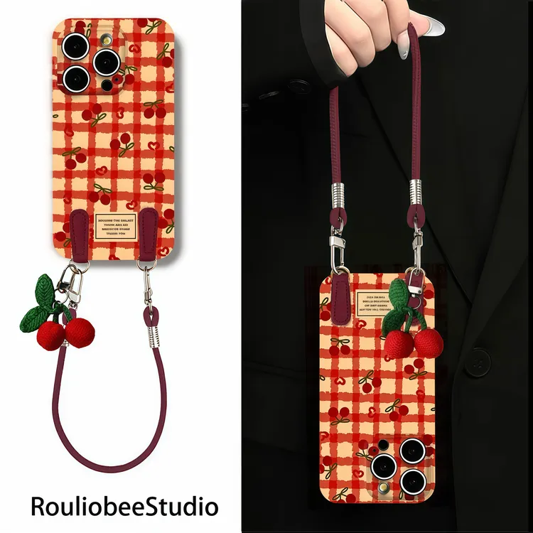 针织毛绒樱桃挂绳适用iPhone苹果16proamx手机壳华为vivo小米oppo