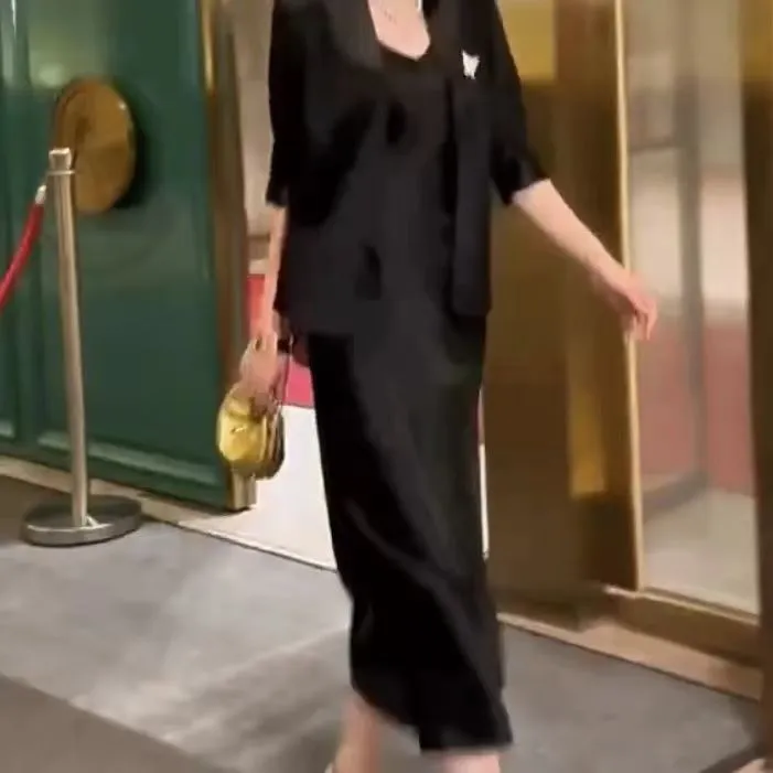 02时尚上档次连衣裙两件套女款清新套装【不带胸针】大码女装吊带MM