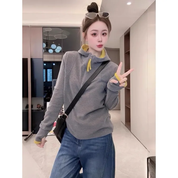 欧货时尚半拉链德绒连帽卫衣女秋冬新款叠穿磨毛保暖长袖帽衫上衣