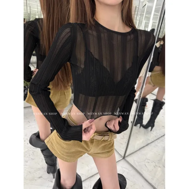 【典藏版】性感辣妹透透黑色条纹长袖毛衣