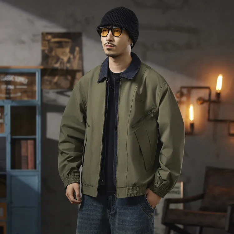 美式高端复古撞色翻领拼接假两件外套男高级感休闲秋季牛仔夹克潮