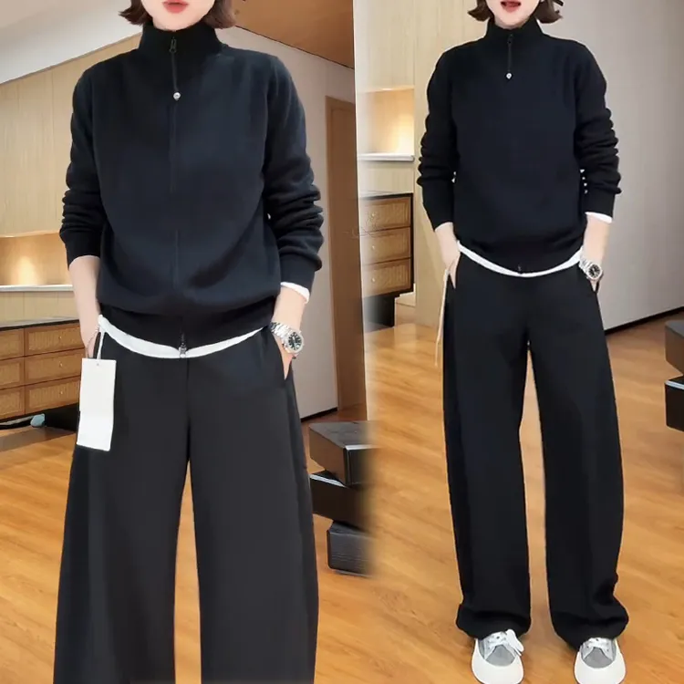 老钱风松驰感套装女2025年春秋新款立领卫衣外套阔腿裤运动两件套