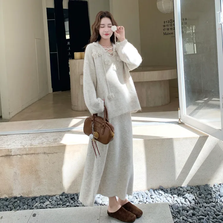 温柔风立体花朵针织套装裙女2025秋冬慵懒风气质显瘦半身裙两件套