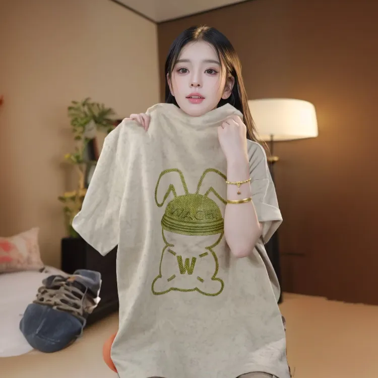 夏季美式慵懒风短袖复古印花休闲圆领宽松T恤百搭上衣#T017567