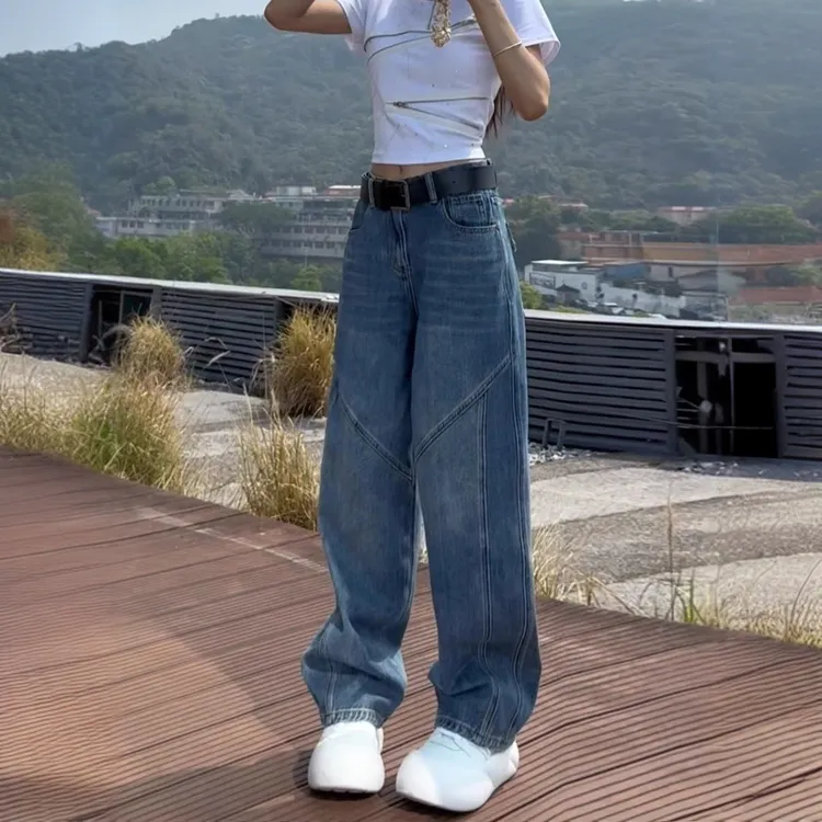 欧货蓝色阔腿牛仔裤女春季新款大码胖mm高腰宽松遮胯显瘦弯刀裤子