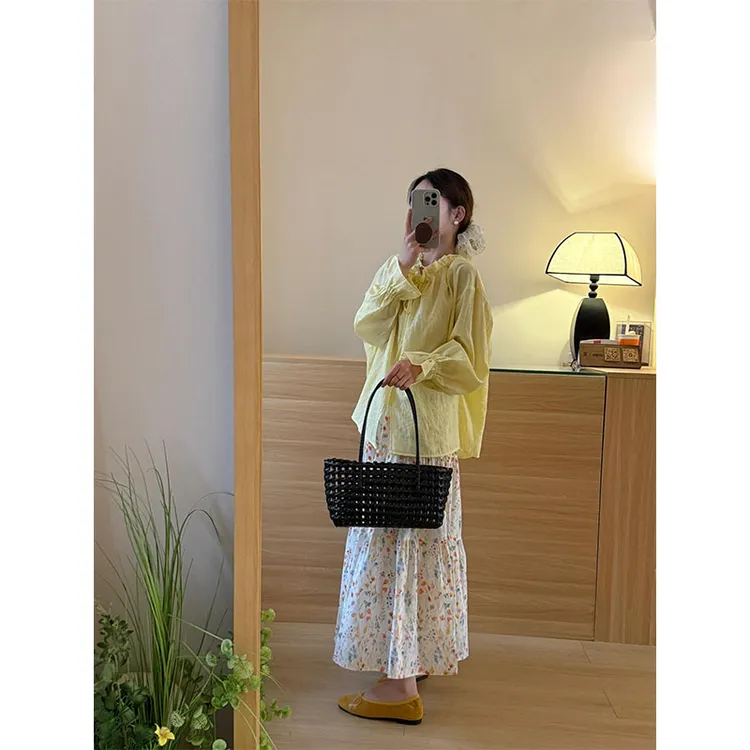 减龄黄色宽松时尚上衣碎花半身裙小众感夏季一整套防晒气质女显瘦