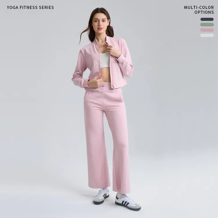 休闲运动套装女垂感螺纹阔腿裤秋冬宽松时尚立领夹克外套健身服