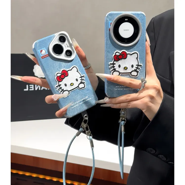 可爱刺绣KT牛仔纹适用苹果1716华为P70复古手机壳vivoppo小米15女