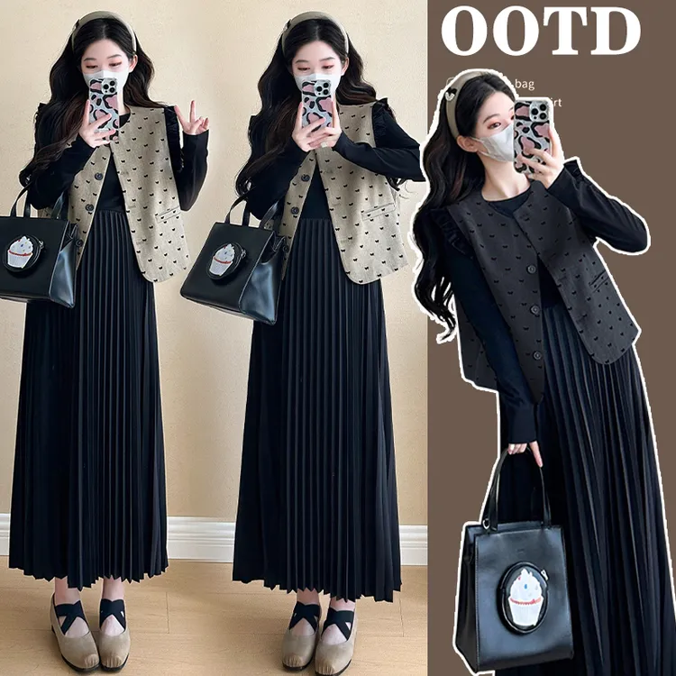 洋气孕妇装韩版显瘦2025春季新款马甲外套长款孕妇连衣裙两件套