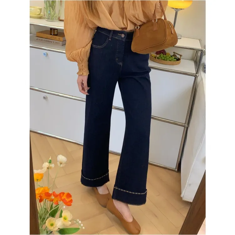 人生直腿神裤~秋冬加绒弹力显瘦窄版直筒裤女牛仔裤刺绣翻边遮胯