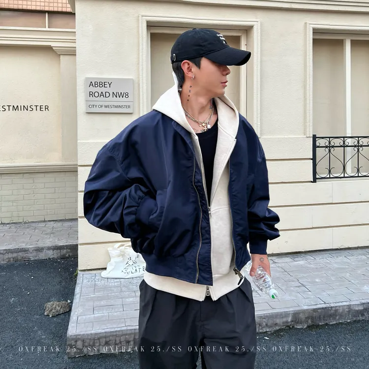 OXFREAK「廓形感 Bomber」藏青色MA1飞行夹克男短款宽松棒球外套