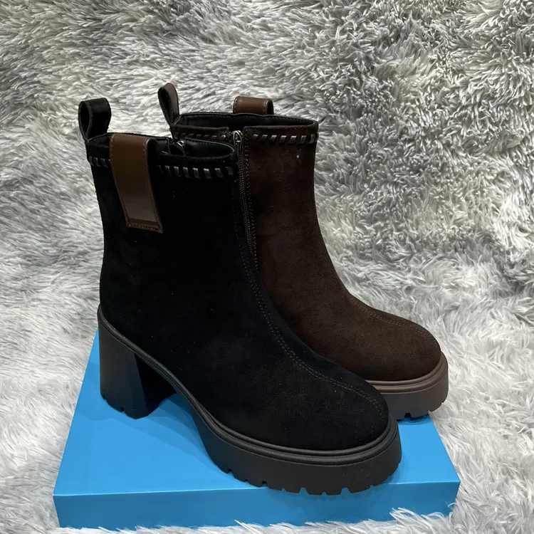 牛皮圆头时尚防滑冬季百搭增高侧拉链粗跟法式